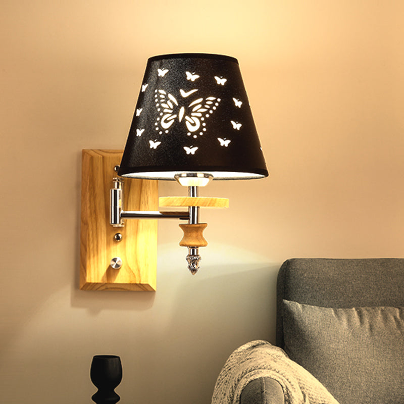 Rynx | Black Faux Fabric Wall Lamp Children 1/2 Lights Wooden Wall Mounted Lamp with Butterfly Pattern