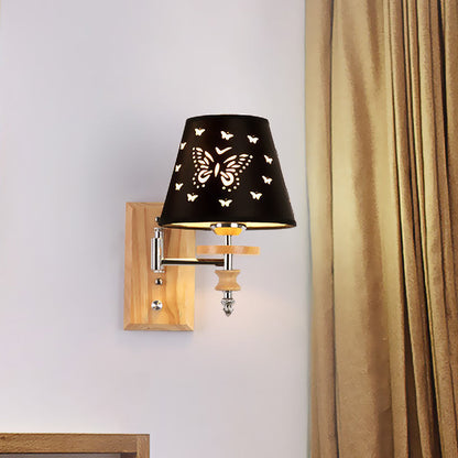 Rynx | Black Faux Fabric Wall Lamp Children 1/2 Lights Wooden Wall Mounted Lamp with Butterfly Pattern