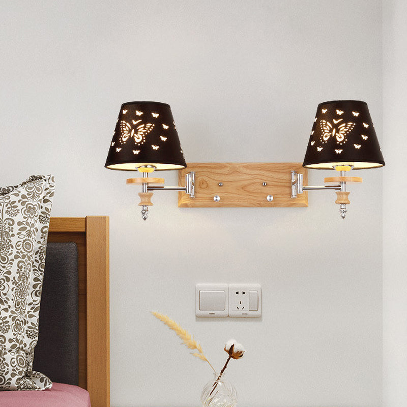 Rynx | Black Faux Fabric Wall Lamp Children 1/2 Lights Wooden Wall Mounted Lamp with Butterfly Pattern