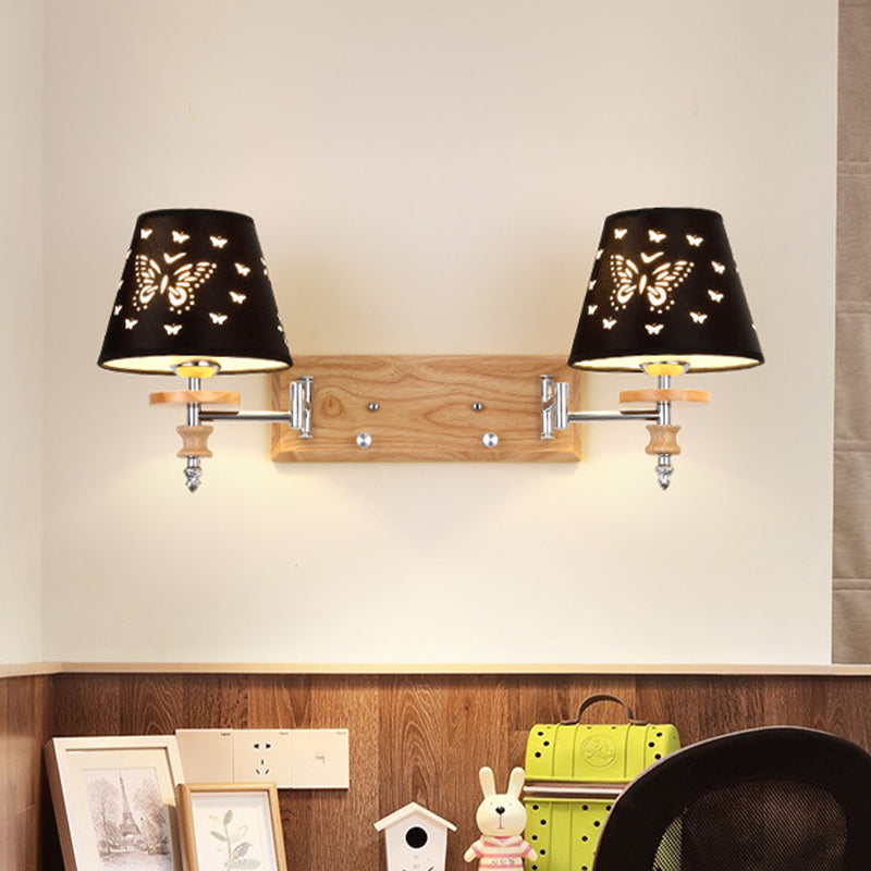 Rynx | Black Faux Fabric Wall Lamp Children 1/2 Lights Wooden Wall Mounted Lamp with Butterfly Pattern