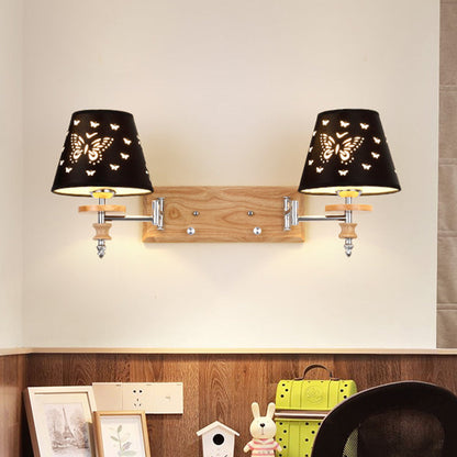 Rynx | Black Faux Fabric Wall Lamp Children 1/2 Lights Wooden Wall Mounted Lamp with Butterfly Pattern