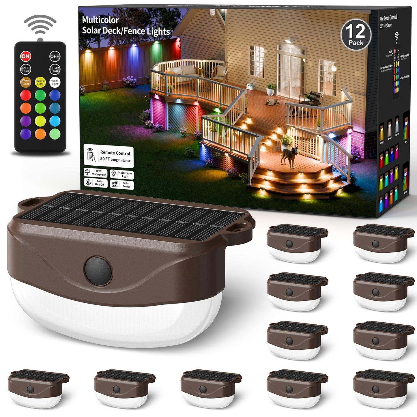 Rynx | Hicotet Solar Fence Light With Remote Control, 15 Multicolored Solar Powered Outdoor Step Lights, Ip67 Waterproof Led Rgbyw Col