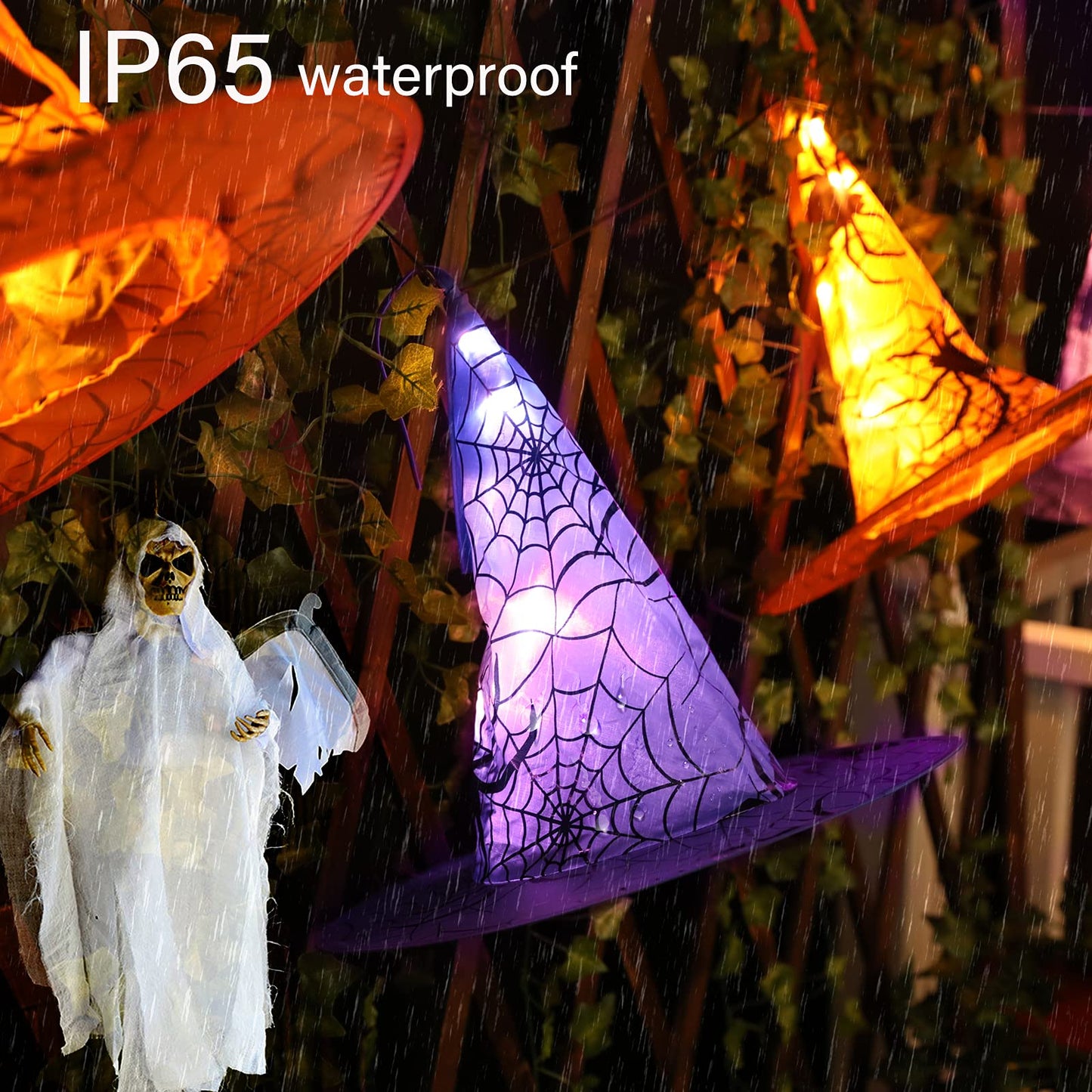 Rynx | Minetom Halloween Witch Hat Light, 56 LED Purple & Orange, Battery-Powered with Remote Control & Timer