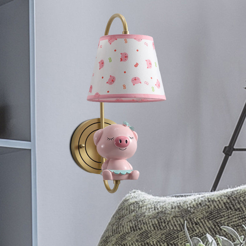 Rynx | Barrel Wall Lamp Fixture Kids Fabric Single Head Gold Wall Light with Cartoon Pig/Mouse/Dragon Decoration
