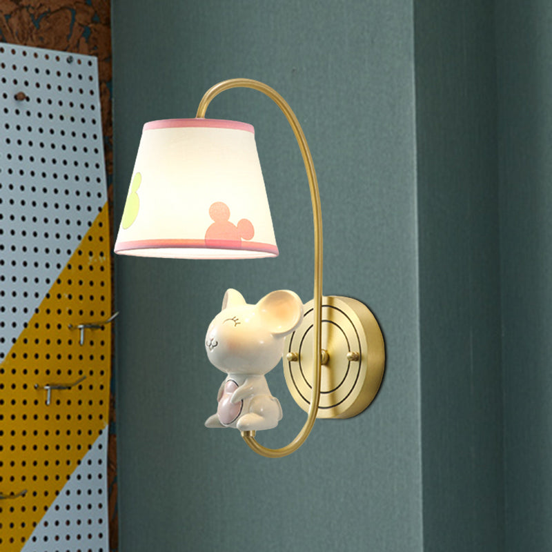 Rynx | Barrel Wall Lamp Fixture Kids Fabric Single Head Gold Wall Light with Cartoon Pig/Mouse/Dragon Decoration
