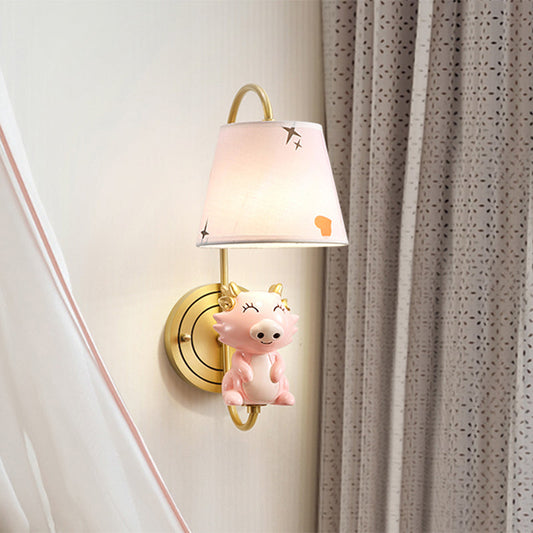 Rynx | Barrel Wall Lamp Fixture Kids Fabric Single Head Gold Wall Light with Cartoon Pig/Mouse/Dragon Decoration