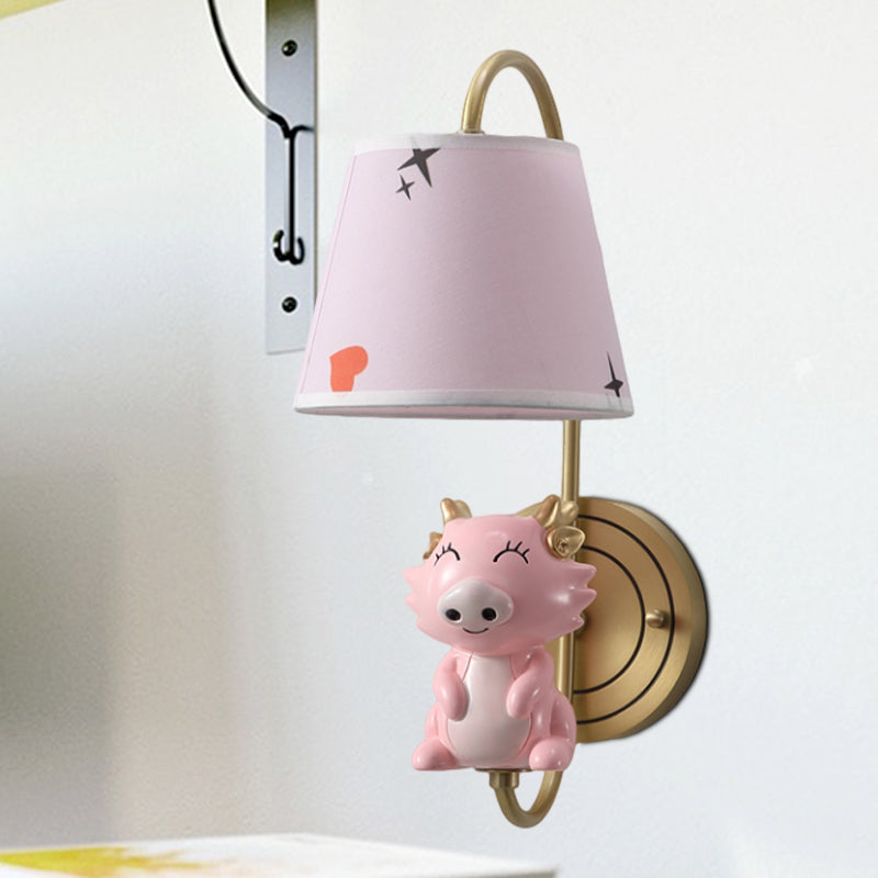 Rynx | Barrel Wall Lamp Fixture Kids Fabric Single Head Gold Wall Light with Cartoon Pig/Mouse/Dragon Decoration