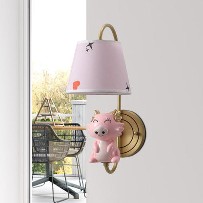 Rynx | Barrel Wall Lamp Fixture Kids Fabric Single Head Gold Wall Light with Cartoon Pig/Mouse/Dragon Decoration