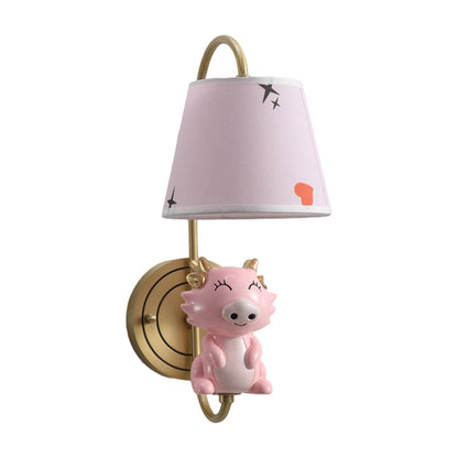 Rynx | Barrel Wall Lamp Fixture Kids Fabric Single Head Gold Wall Light with Cartoon Pig/Mouse/Dragon Decoration
