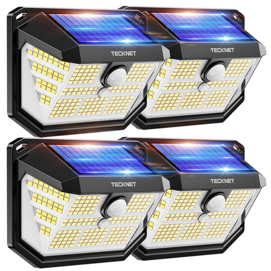 Rynx | Tecknet 231 LED Motion Sensor Outdoor Light, 4-pack, 300° Solar Security Wall Light, 3 Lighting Modes, Ip65 Waterproof, Pir Motion Sensor for Outdoors, Fence, Garden, Garage, Terrace