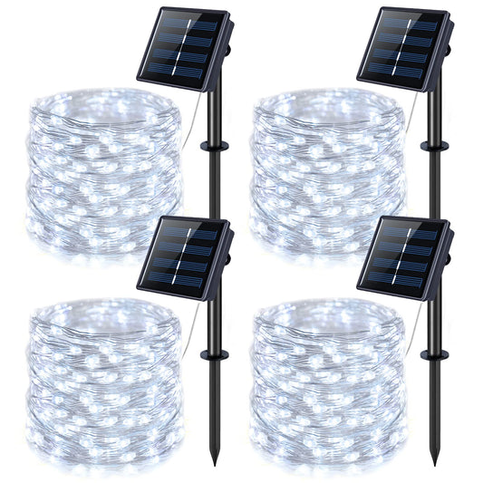 Rynx | Jmexsuss 4 Pack 100 Led Solar fairy lights, 33Ft White solar string lights outdoor waterproof, 8 modes copper wire solar lights for garden farm tree wedding
