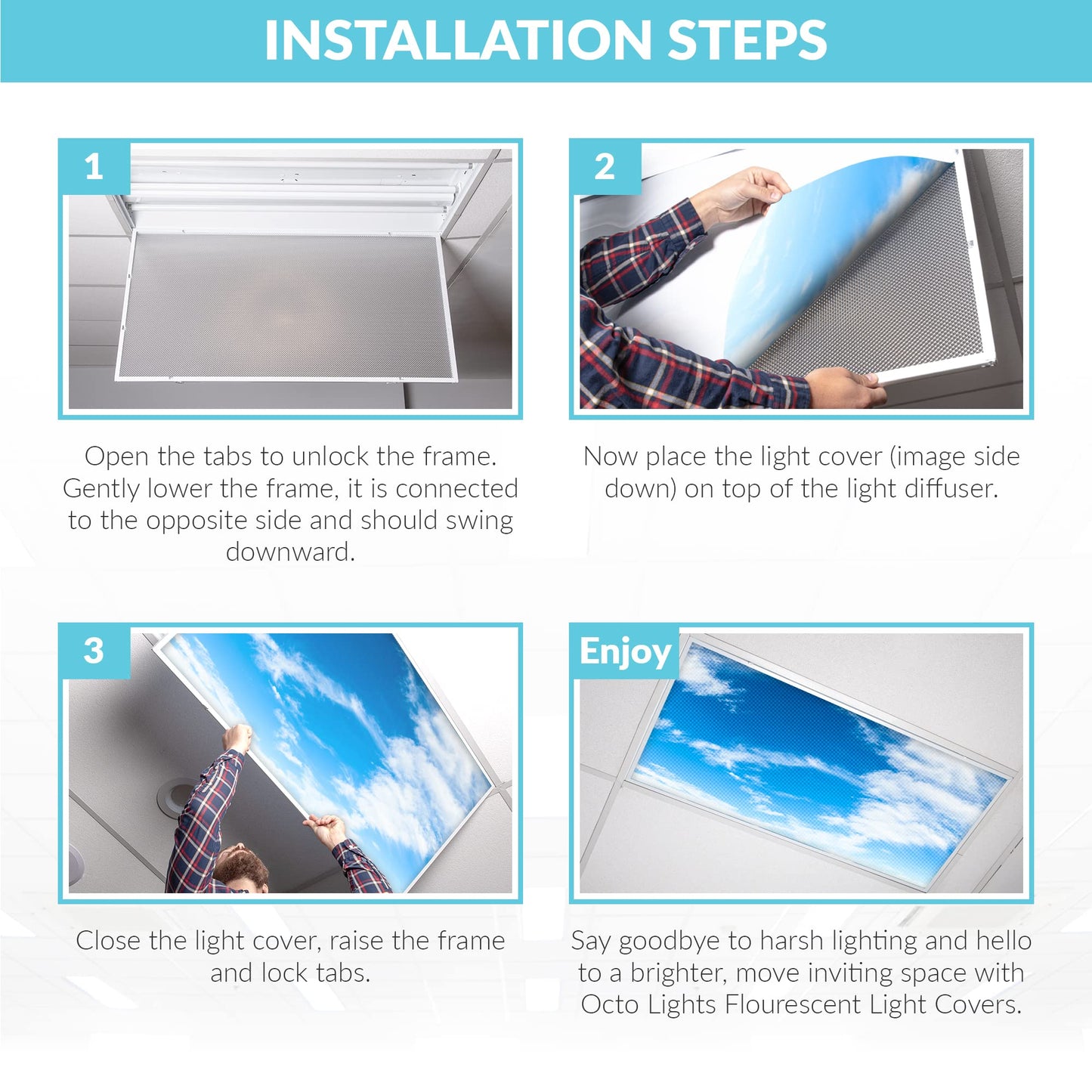 Rynx | Octo Lights Fluorescent Light Covers 2X4 - Cloud 010, Backlit Film, Headache Relief