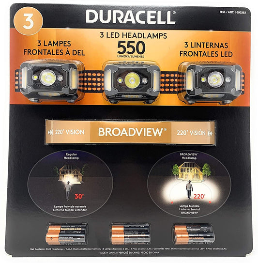 Rynx | Duracell 1600263/550 Lumen LED Headlamps 3 Pieces / 3 Pack Headlamps 9 Modes