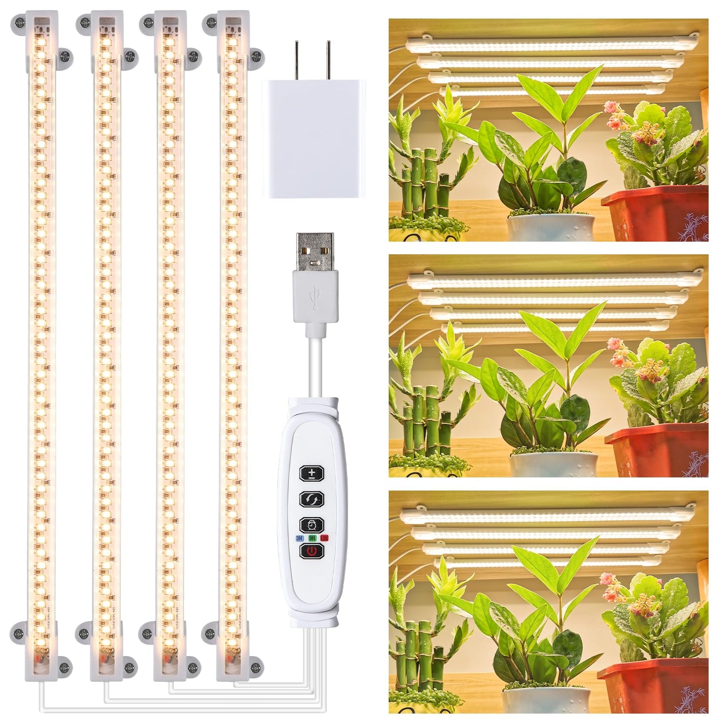 Rynx | LED Grow Light Strips For Indoor Plants Full Spectrum 3500K, 192 Leds Plant Light Bar With 3/9/12H Timer, 10 Dimmable Levels For Seedlings Succulent, 13 Inches, 4 Heads