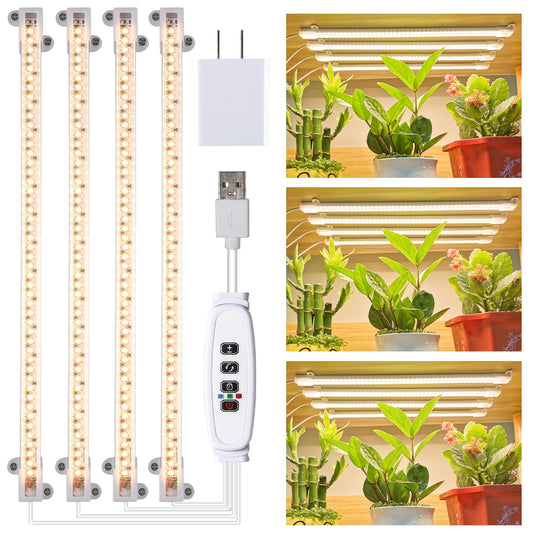Rynx | LED Grow Light Strips For Indoor Plants Full Spectrum 3500K, 192 Leds Plant Light Bar With 3/9/12H Timer, 10 Dimmable Levels For Seedlings Succulent, 13 Inches, 4 Heads