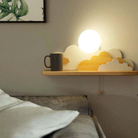 Rynx | Modern Cloud Wood Wall Light 1 Light Wall Mounted Fixture in Blue/White/Grey with Round Glass Shade and On/Off Pull Chain