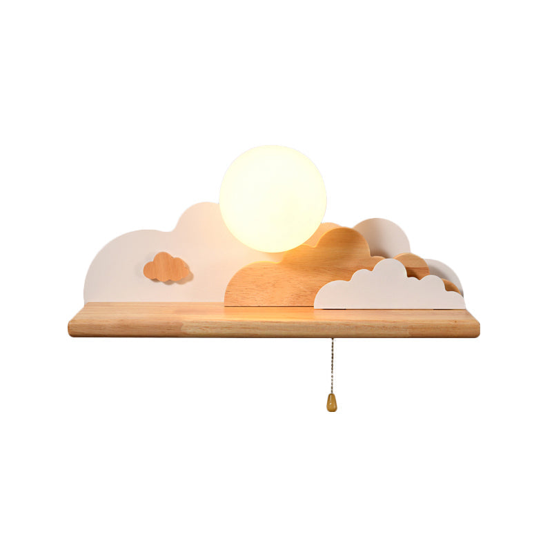 Rynx | Modern Cloud Wood Wall Light 1 Light Wall Mounted Fixture in Blue/White/Grey with Round Glass Shade and On/Off Pull Chain