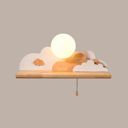 Rynx | Modern Cloud Wood Wall Light 1 Light Wall Mounted Fixture in Blue/White/Grey with Round Glass Shade and On/Off Pull Chain