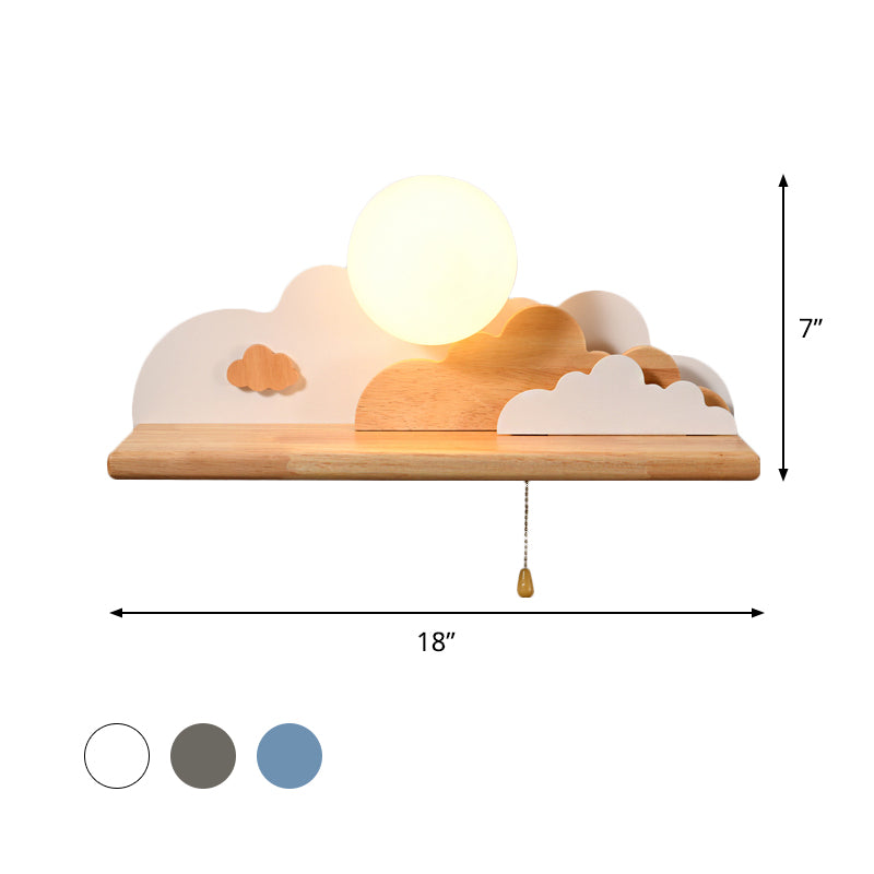 Rynx | Modern Cloud Wood Wall Light 1 Light Wall Mounted Fixture in Blue/White/Grey with Round Glass Shade and On/Off Pull Chain