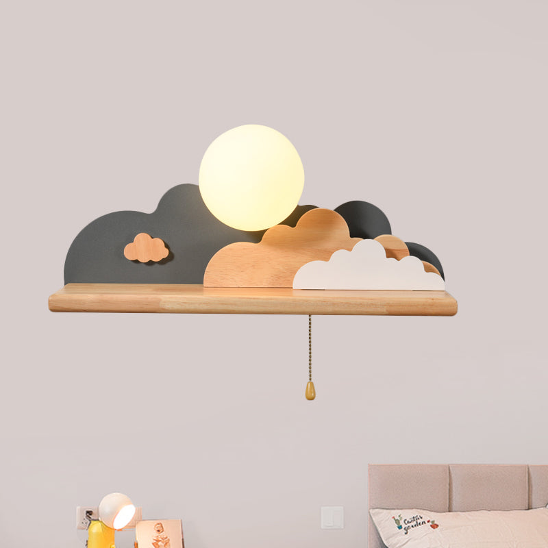 Rynx | Modern Cloud Wood Wall Light 1 Light Wall Mounted Fixture in Blue/White/Grey with Round Glass Shade and On/Off Pull Chain