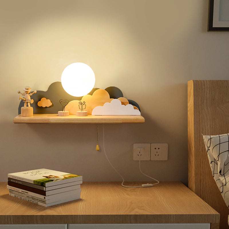 Rynx | Modern Cloud Wood Wall Light 1 Light Wall Mounted Fixture in Blue/White/Grey with Round Glass Shade and On/Off Pull Chain