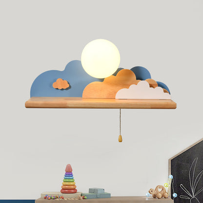 Rynx | Modern Cloud Wood Wall Light 1 Light Wall Mounted Fixture in Blue/White/Grey with Round Glass Shade and On/Off Pull Chain