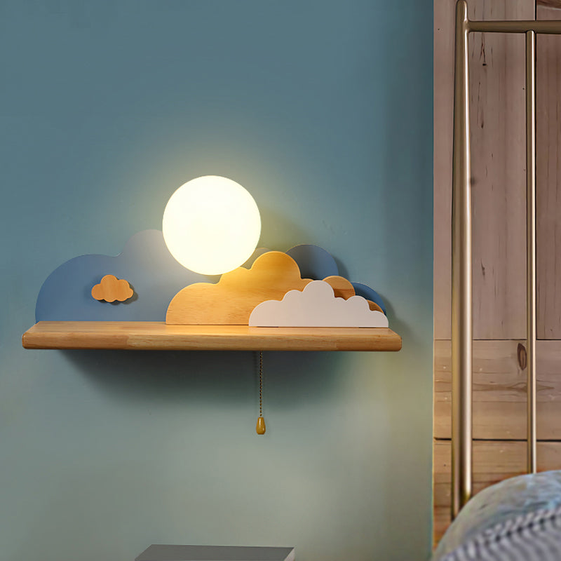 Rynx | Modern Cloud Wood Wall Light 1 Light Wall Mounted Fixture in Blue/White/Grey with Round Glass Shade and On/Off Pull Chain