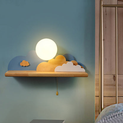 Rynx | Modern Cloud Wood Wall Light 1 Light Wall Mounted Fixture in Blue/White/Grey with Round Glass Shade and On/Off Pull Chain
