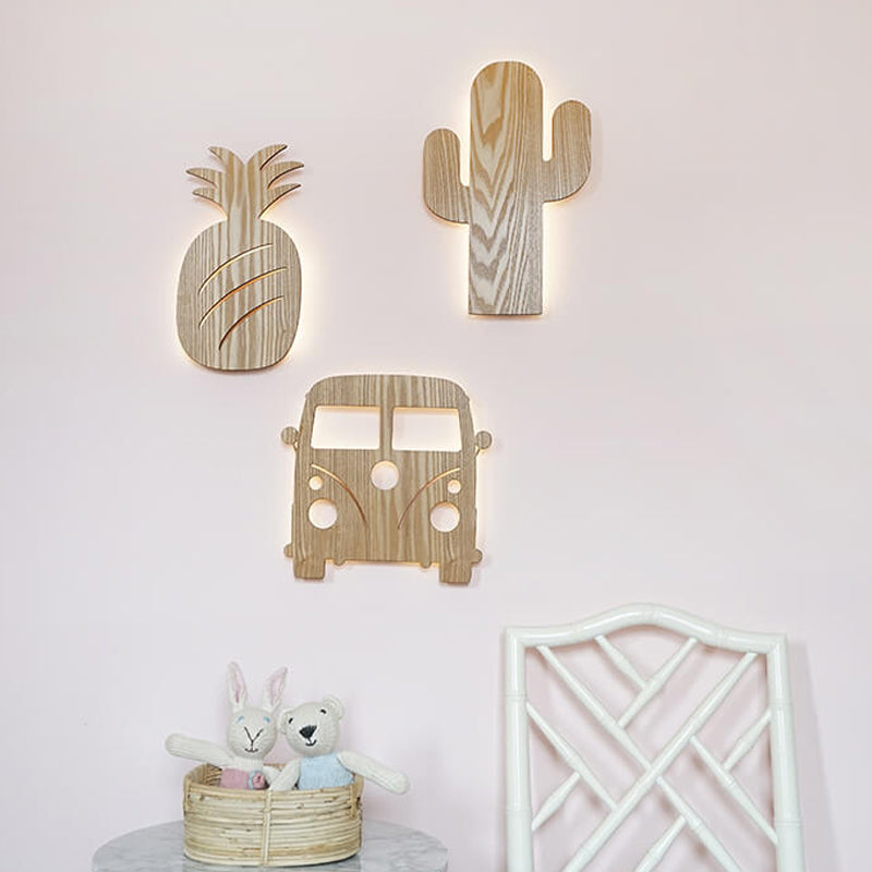 Rynx | Modern LED Wall Lamp with Wooden Shade Beige Car/Pineapple/Cactus Wall Mounted Light for Bedroom