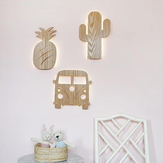 Rynx | Modern LED Wall Lamp with Wooden Shade Beige Car/Pineapple/Cactus Wall Mounted Light for Bedroom