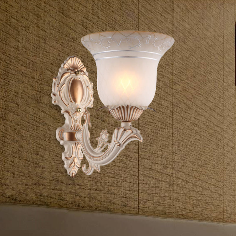 Rynx | Metal Beige Wall Light Fixture Curvy Arm 1/2-Light Antique Wall Lamp with Bell White Glass Shade