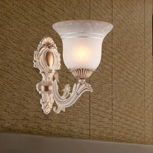 Rynx | Metal Beige Wall Light Fixture Curvy Arm 1/2-Light Antique Wall Lamp with Bell White Glass Shade