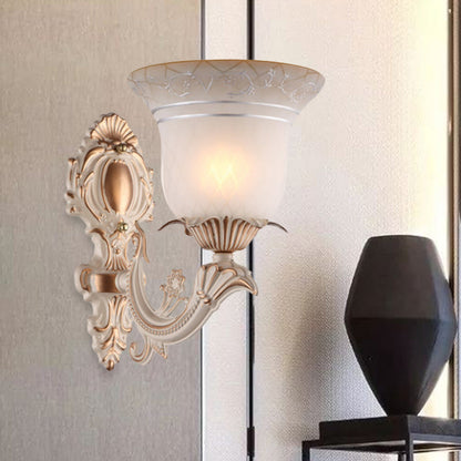 Rynx | Metal Beige Wall Light Fixture Curvy Arm 1/2-Light Antique Wall Lamp with Bell White Glass Shade