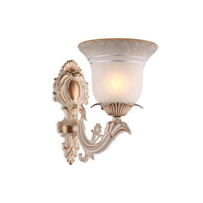 Rynx | Metal Beige Wall Light Fixture Curvy Arm 1/2-Light Antique Wall Lamp with Bell White Glass Shade