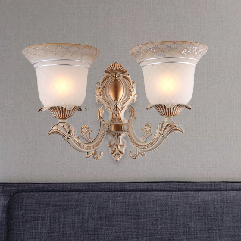 Rynx | Metal Beige Wall Light Fixture Curvy Arm 1/2-Light Antique Wall Lamp with Bell White Glass Shade