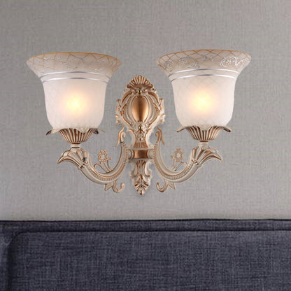 Rynx | Metal Beige Wall Light Fixture Curvy Arm 1/2-Light Antique Wall Lamp with Bell White Glass Shade