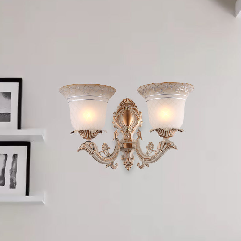 Rynx | Metal Beige Wall Light Fixture Curvy Arm 1/2-Light Antique Wall Lamp with Bell White Glass Shade