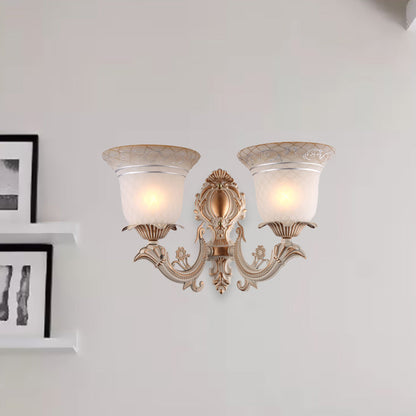 Rynx | Metal Beige Wall Light Fixture Curvy Arm 1/2-Light Antique Wall Lamp with Bell White Glass Shade