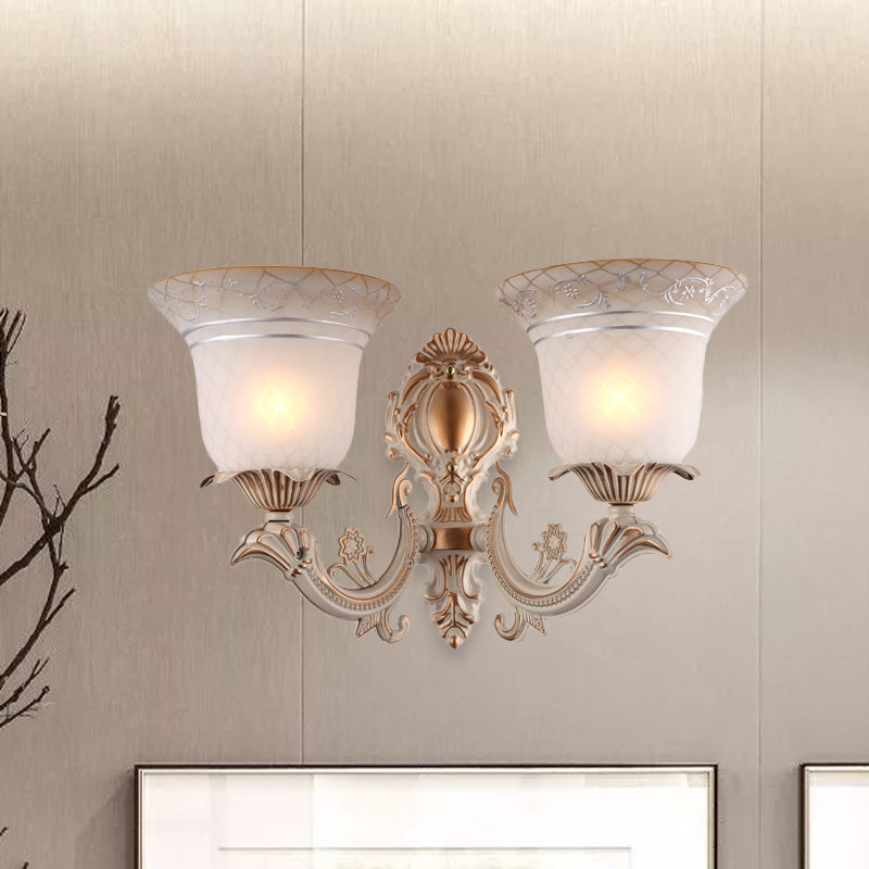 Rynx | Metal Beige Wall Light Fixture Curvy Arm 1/2-Light Antique Wall Lamp with Bell White Glass Shade