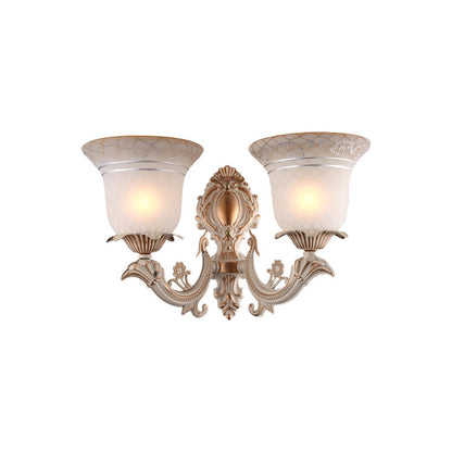Rynx | Metal Beige Wall Light Fixture Curvy Arm 1/2-Light Antique Wall Lamp with Bell White Glass Shade