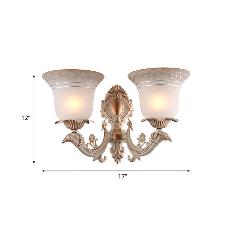 Rynx | Metal Beige Wall Light Fixture Curvy Arm 1/2-Light Antique Wall Lamp with Bell White Glass Shade