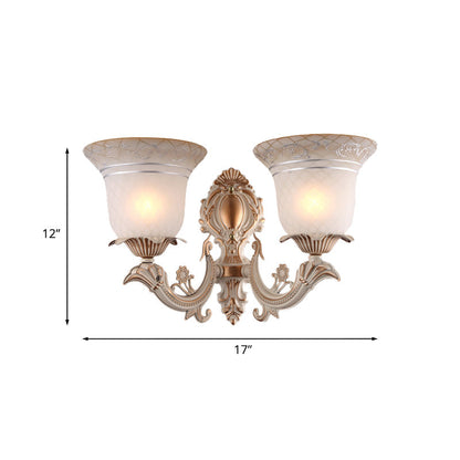 Rynx | Metal Beige Wall Light Fixture Curvy Arm 1/2-Light Antique Wall Lamp with Bell White Glass Shade
