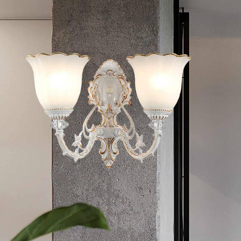 Rynx | Metal Swooping Arm Wall Lamp Retro 2 Lights Bedroom Wall Lamp with Blossom White Glass Shade