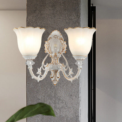 Rynx | Metal Swooping Arm Wall Lamp Retro 2 Lights Bedroom Wall Lamp with Blossom White Glass Shade