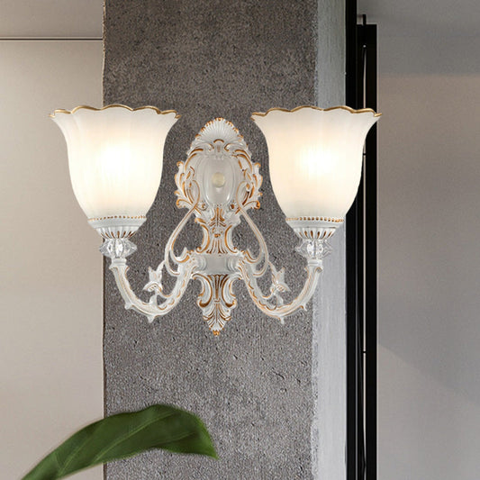 Rynx | Metal Swooping Arm Wall Lamp Retro 2 Lights Bedroom Wall Lamp with Blossom White Glass Shade