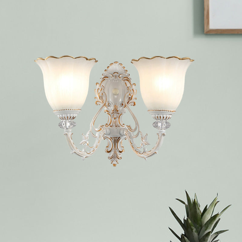 Rynx | Metal Swooping Arm Wall Lamp Retro 2 Lights Bedroom Wall Lamp with Blossom White Glass Shade