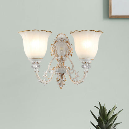 Rynx | Metal Swooping Arm Wall Lamp Retro 2 Lights Bedroom Wall Lamp with Blossom White Glass Shade
