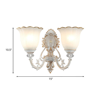 Rynx | Metal Swooping Arm Wall Lamp Retro 2 Lights Bedroom Wall Lamp with Blossom White Glass Shade