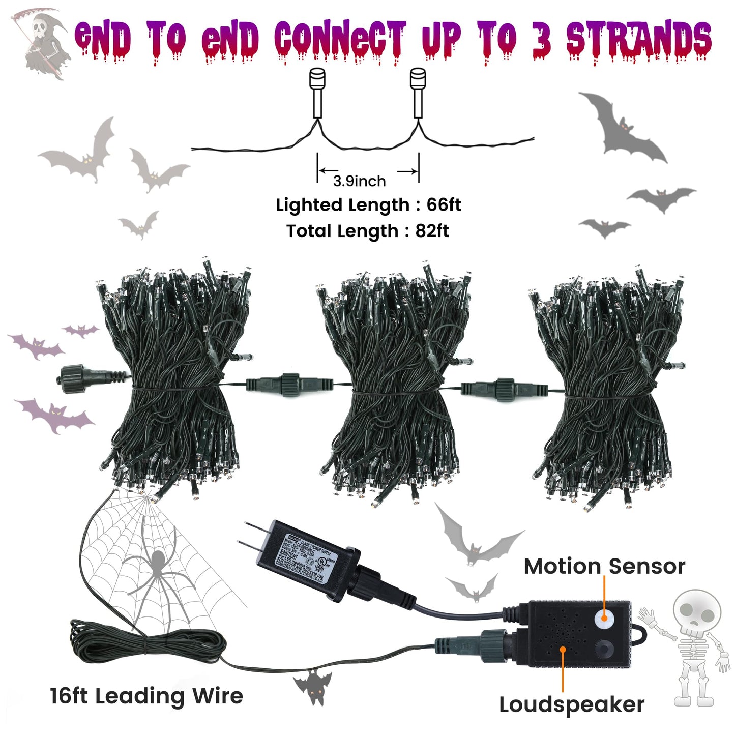 Rynx | Toodour 82Ft Halloween String Lights, 200 Led Waterproof Motion Sensor, Orange & Purple Decor
