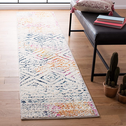 Rynx | Safavieh Tulum Collection TUL267E Moroccan Boho Distressed Non-Shedding Stain Resistant Living Room Bedroom Runner, 2' x 13', Ivory / Fuchsia